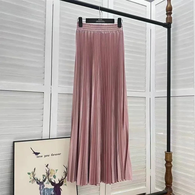 Women's Solid Colour Pleated Elastic Waist Maxi Skirt