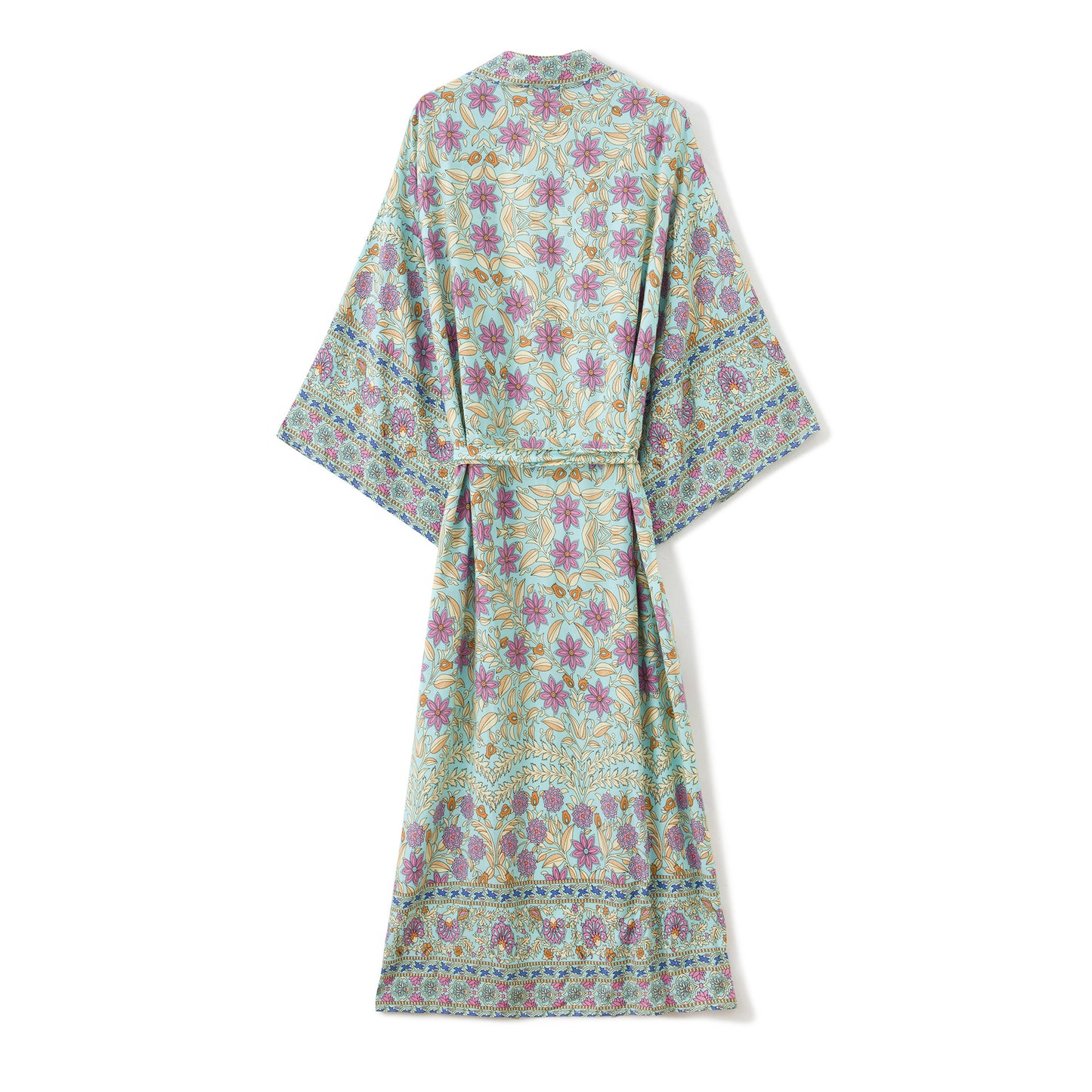 Women's Bohemian Style Turquoise Pink Floral Print Kimono Robe