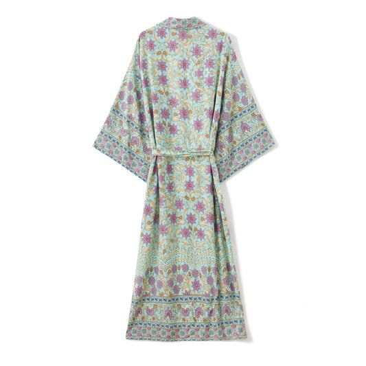 Women's Bohemian Style Turquoise Pink Floral Print Kimono Robe