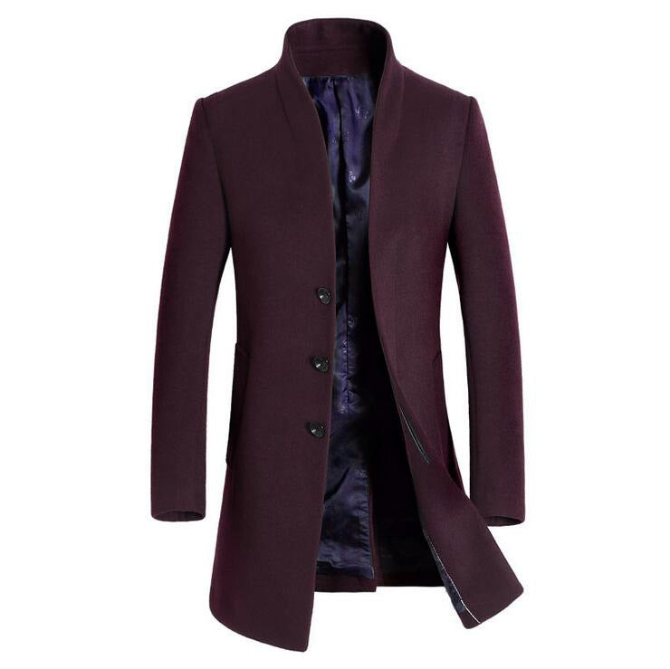 Men's Wool Long Smart Coat Straight Collar Button Front Winterwear