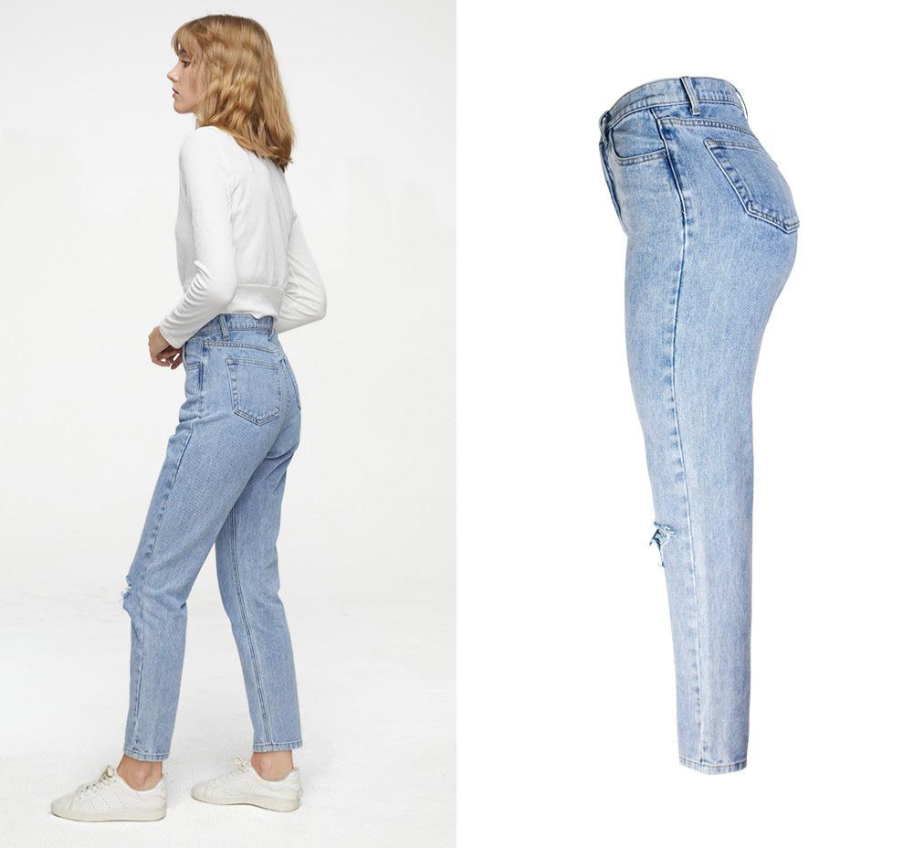 Women's Denim Jeans High Waist Straight Wide Leg Slight Ripped Trousers