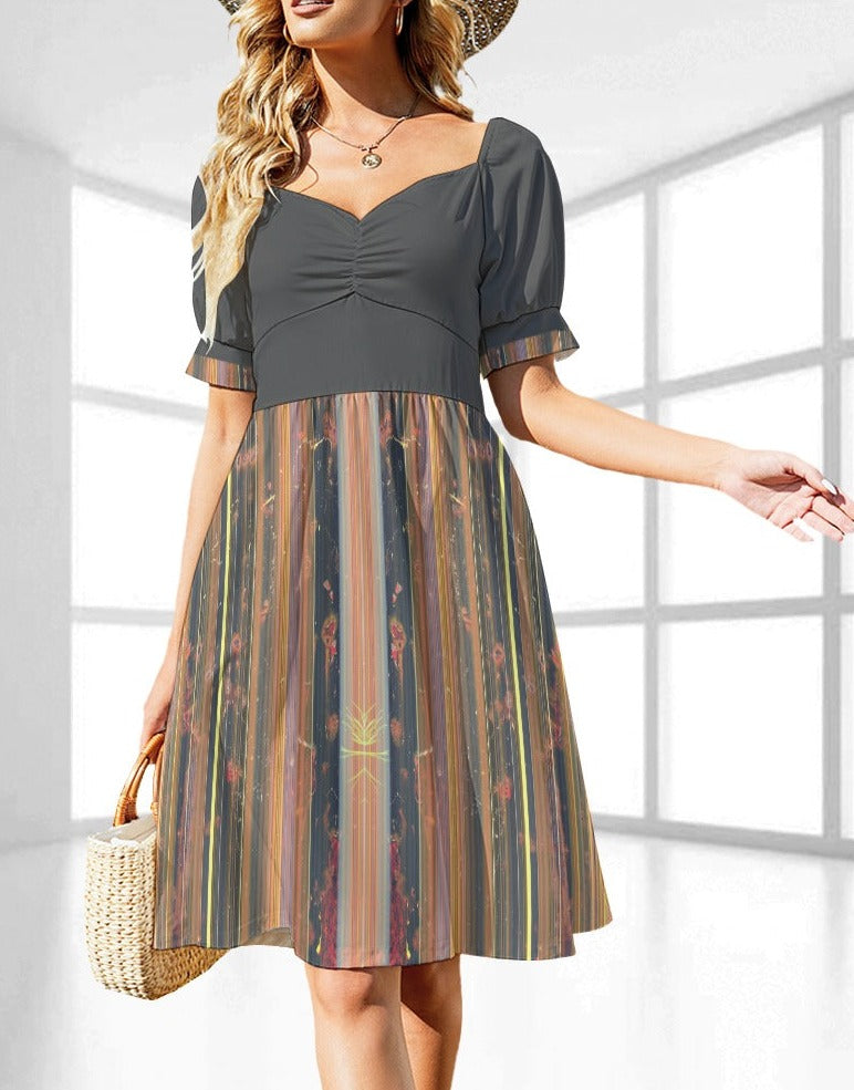 Women's Stripe Print Sweetheart Neck Fitted Midi Dress