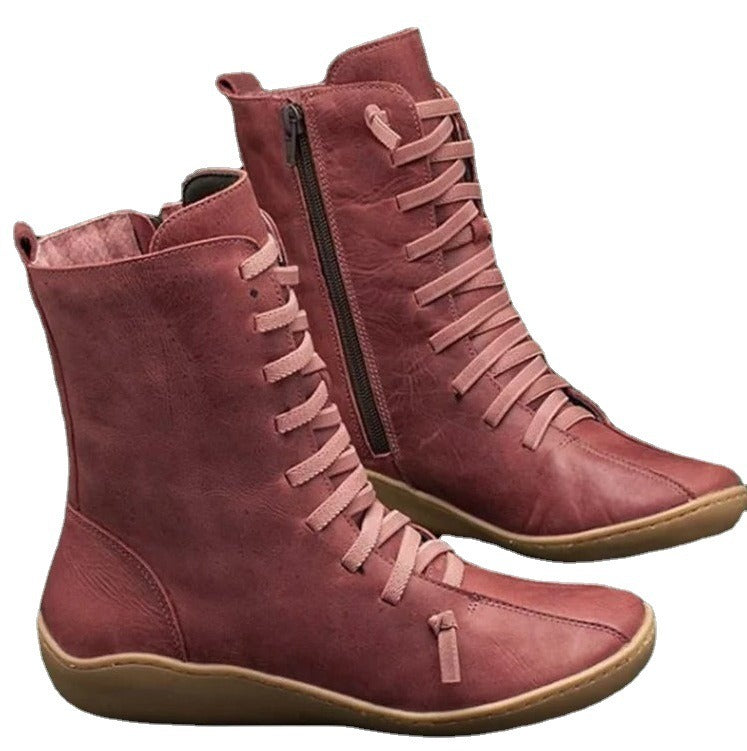 Women's Faux Leather Lace Up Ankle Boots Side Zipper Flat Heel Winter Footwear