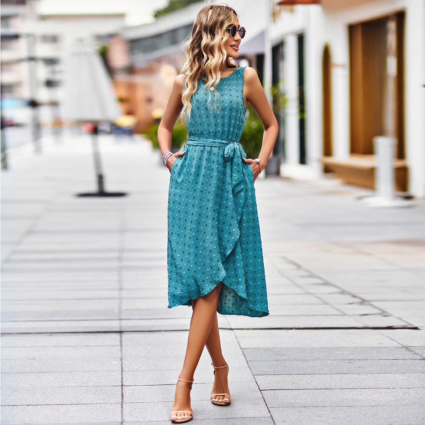 Women's Jacquard Textured Spot Dress Sleeveless Round Neck Top Tie Waist Long Wrap Skirt