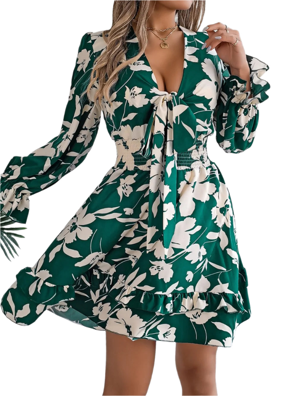 Women's Printed V Neck Tied Ruffled Long Sleeve Dress