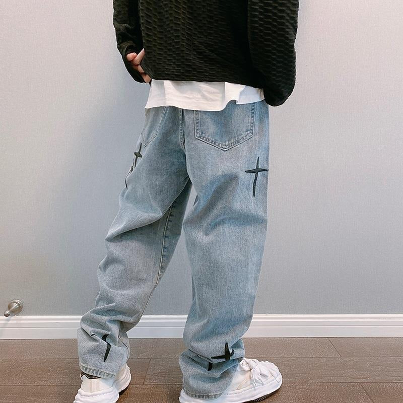 Men's Cross Patch Embroidered Denim Jeans Loose Fit Straight Leg Trousers
