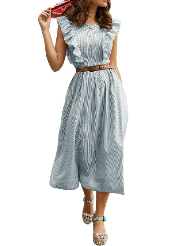 Women's French Ruffle Front Detail Cotton Midi Dress