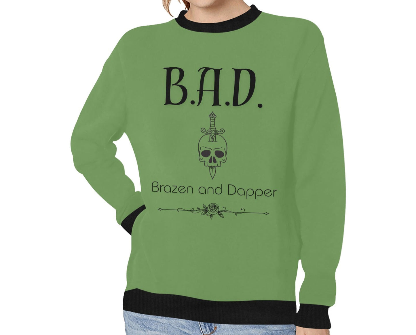 Women's B.A.D Brazen And Dapper Print Ribbed Hem Cuff Sweater