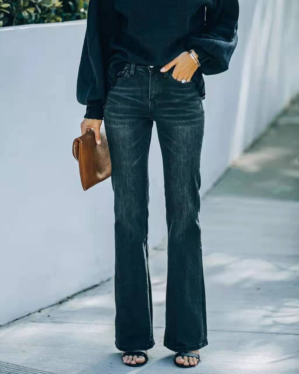 Women's Dark Denim Jeans High Waist Stretch Flare Trousers