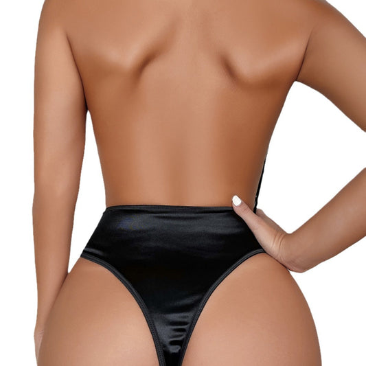 Women's Black Sexy Criss-Cross Lace Satin Backless Fitted Bodysuit