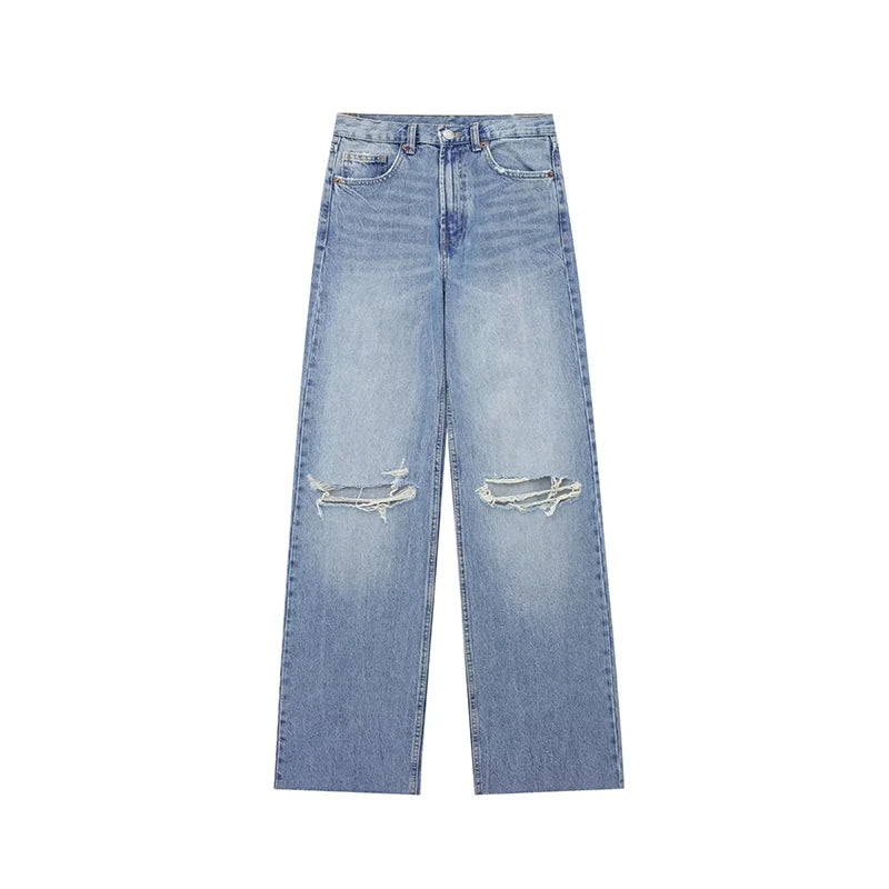 Women's Frayed Hem Ripped Wide Leg Jeans
