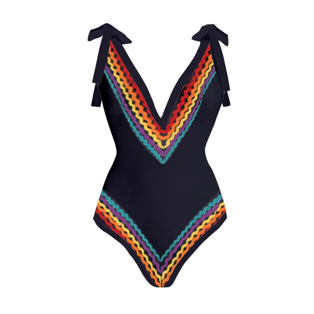 Women's Black Rainbow Trim Swimsuit With Midi Sarong Cover Up