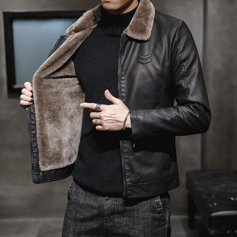Men's Faux Leather Fur Lined Jacket