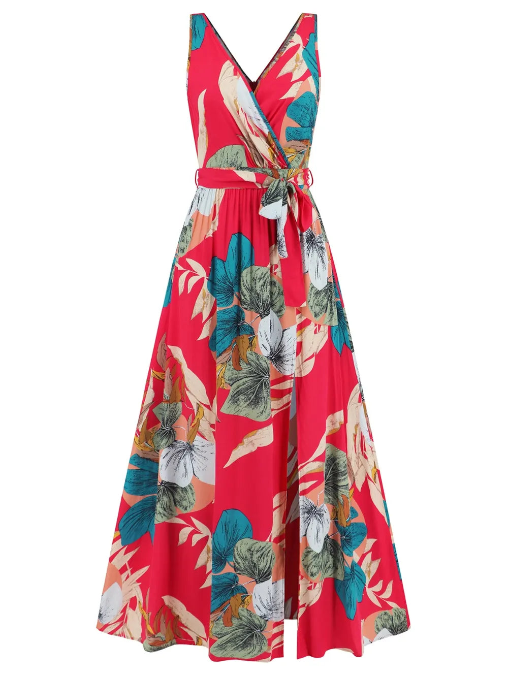 Women's Floral Print V Neck Tie Waist Split Leg Maxi Dress