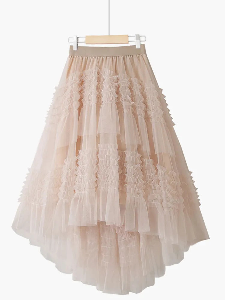 Women's Bohemian Style Ruffle Layered Scalloped Front Mesh Midi Skirt