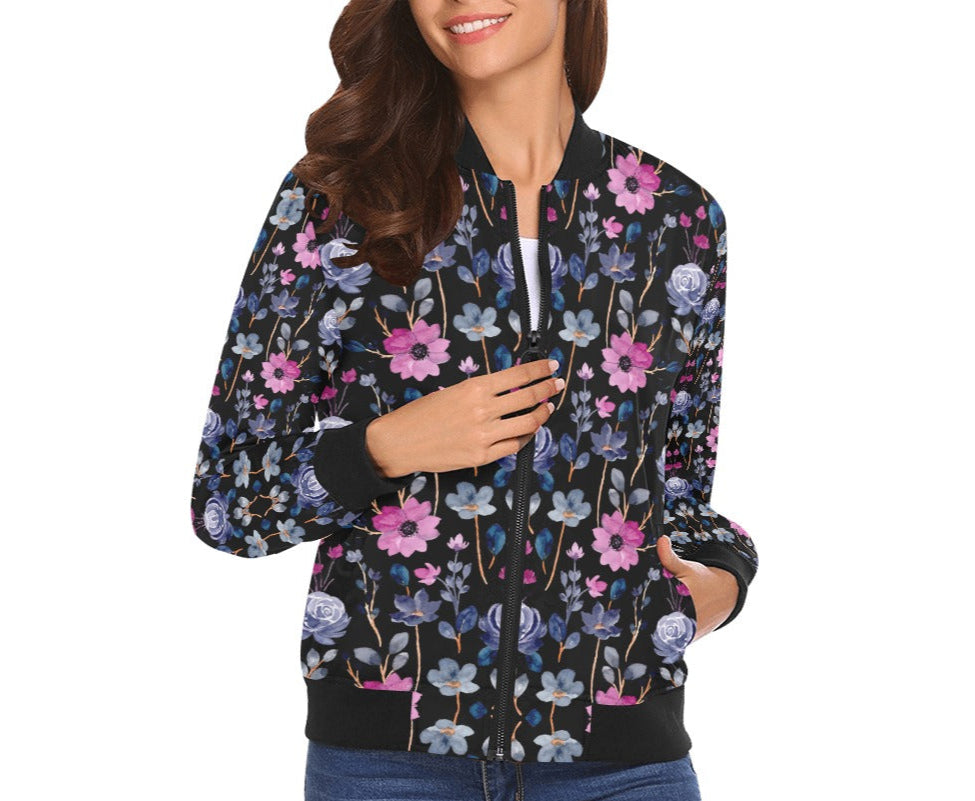 Women's Pink Black Floral Print Bomber Jacket
