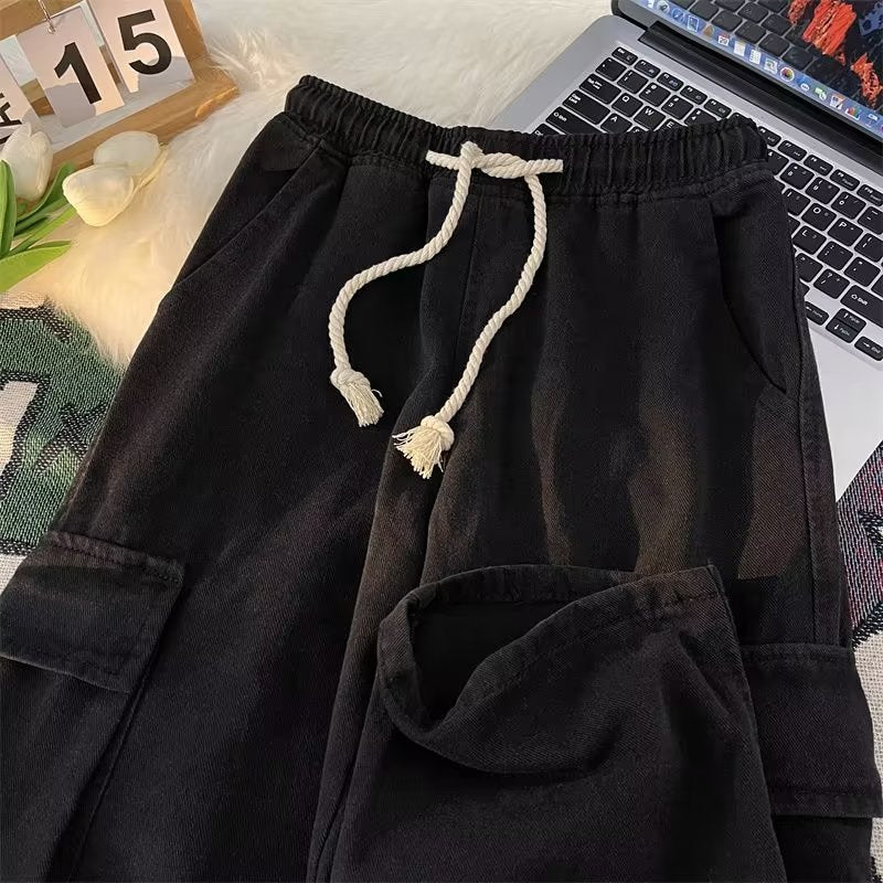 Women's Denim Combat Style Wide Leg Jeans with Elastic Drawstring Waist