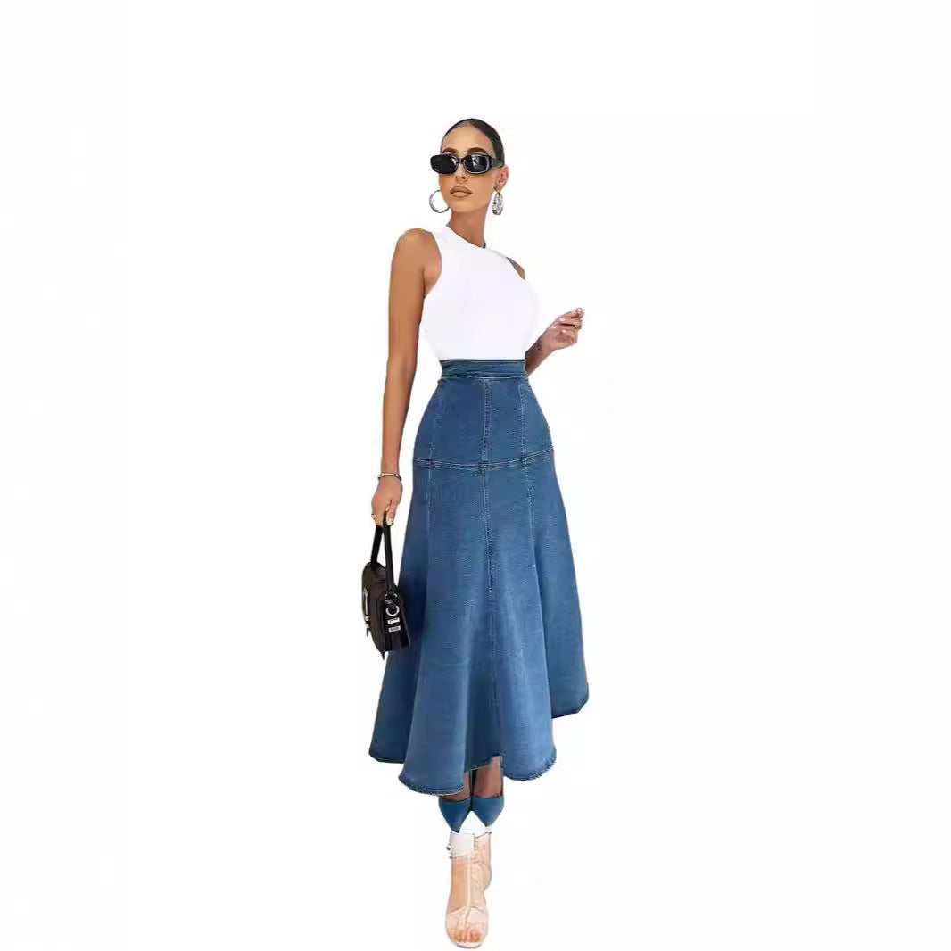 Women's Denim Maxi Flare Swing Skirt Patchwork Fitted Waist