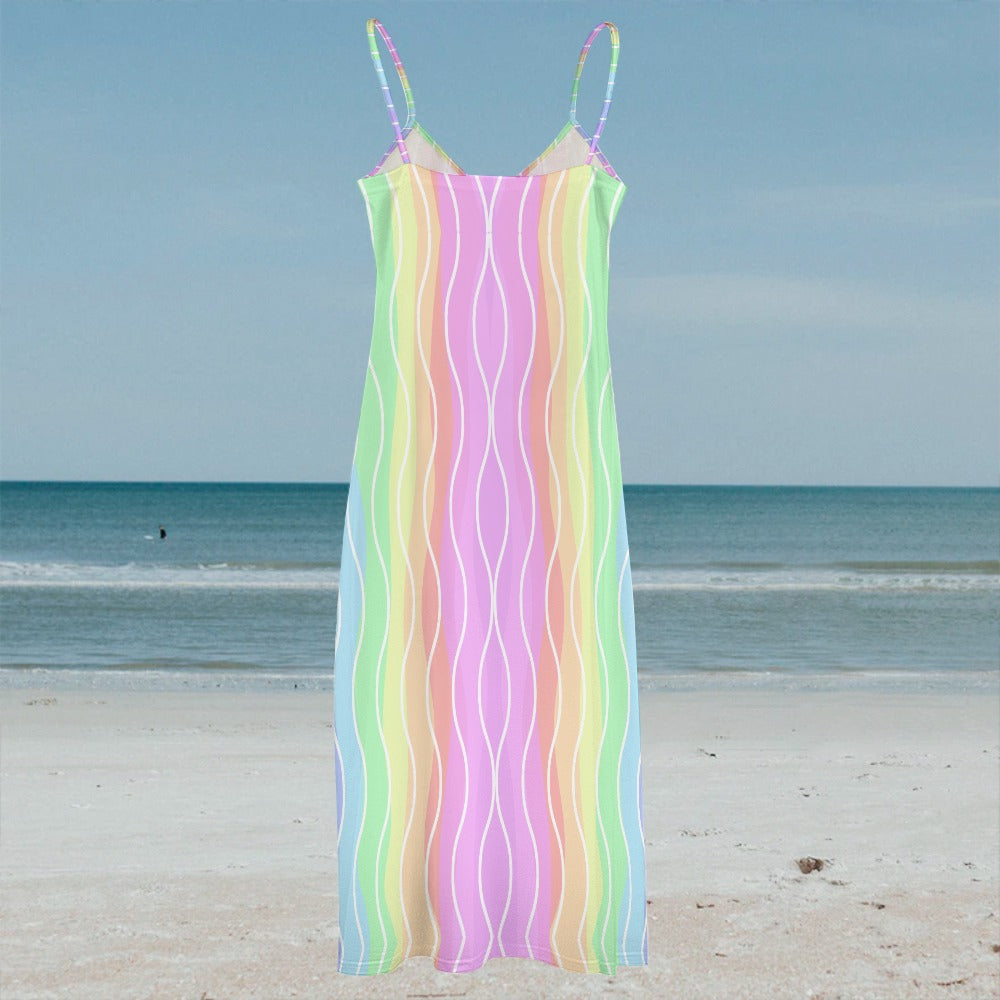 Women's Rainbow Wavy Print Long Length Spaghetti Strap Stretchy Lightweight Dress