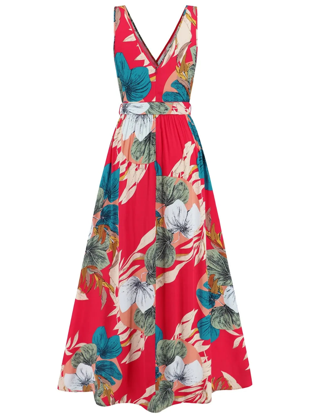 Women's Floral Print V Neck Tie Waist Split Leg Maxi Dress