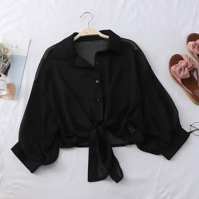 Women's Loose Sheer Blouse Tie Bottom Puff Sleeves Button Front Short Shirt