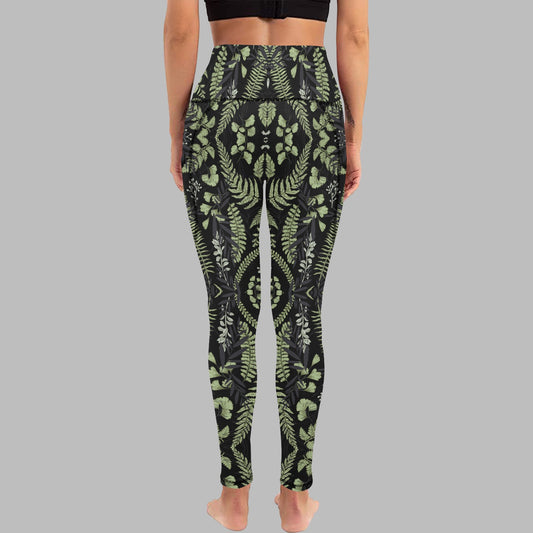 Women's Black Green Leaf Print Leggings with Pockets
