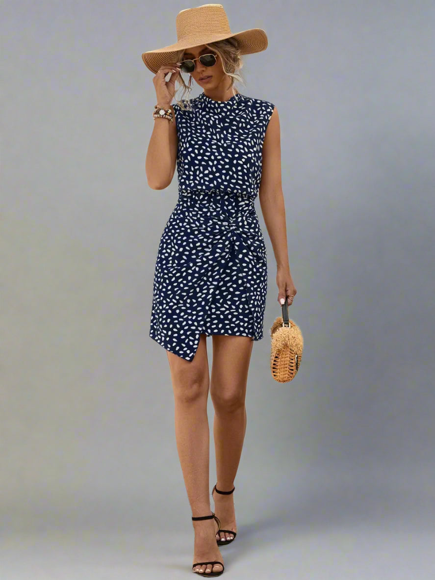 Women's Polka Dot All Over Print Sleeveless Twisted Mini Dress