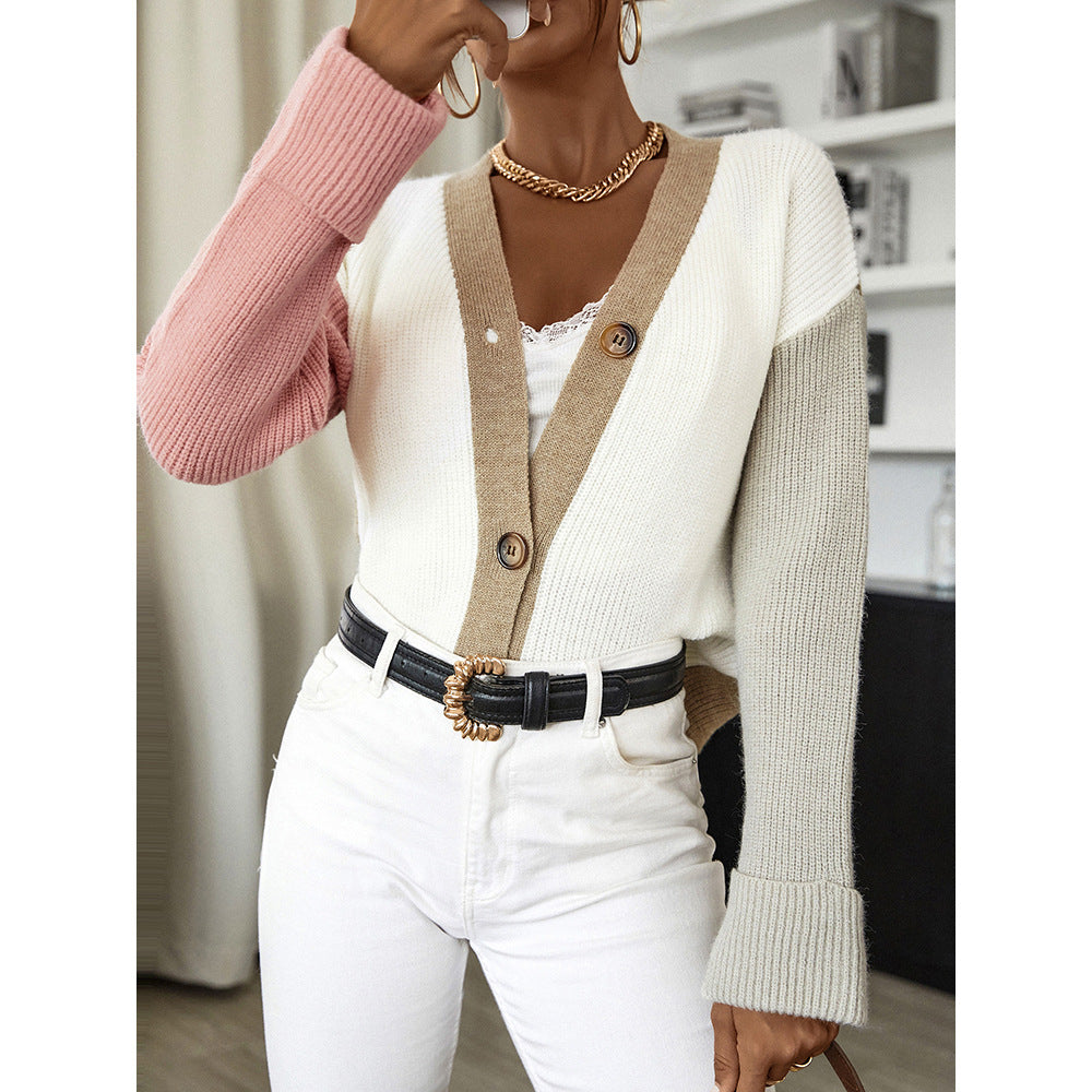 Women's Colour Block Knit Cardigan Loose Short Button Front V-Neck
