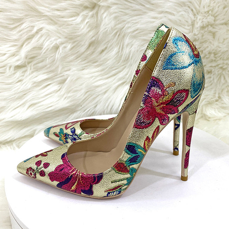 Women's Gold Pink Floral Pointed Toe Stiletto High Heel Shoes