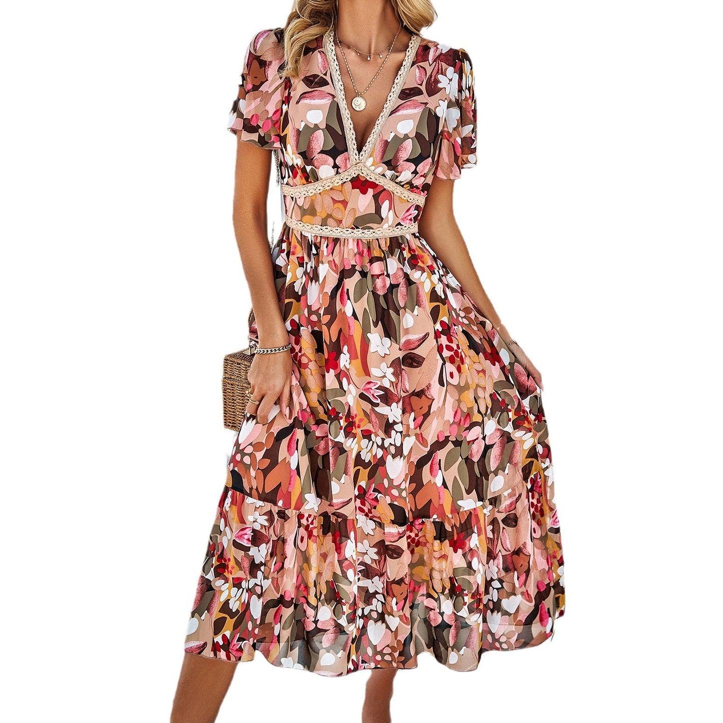 Women's Floral Print V-Neck Fitted Detailed Waist Midi Dress