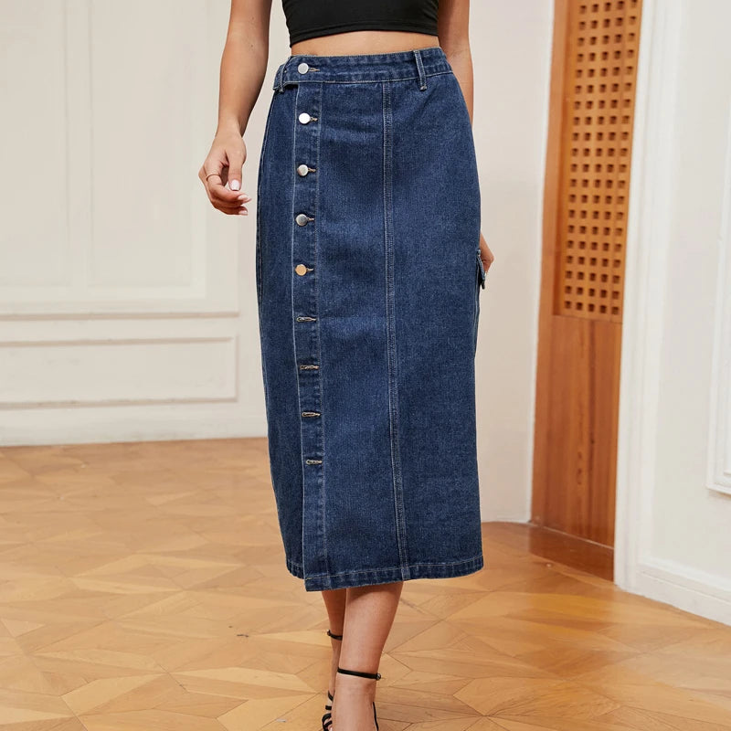 Women's Denim Skirt Side Button Pocket Detail Split Leg