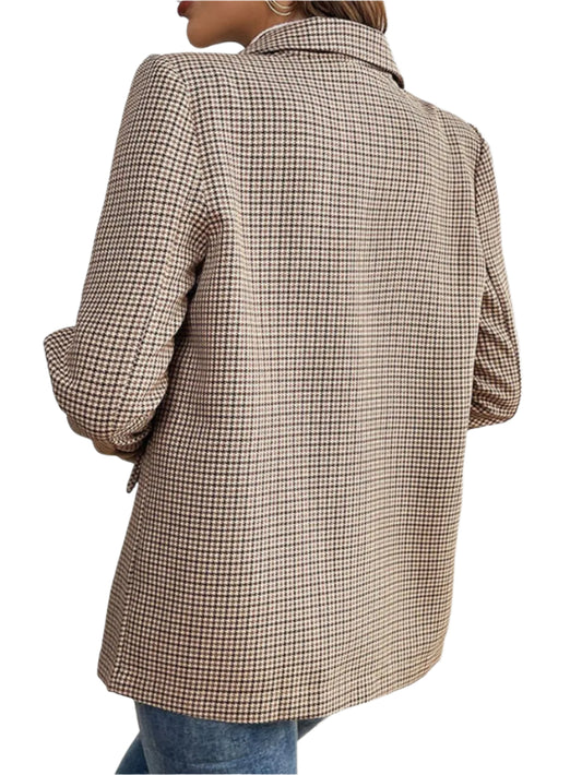 Women's Beige Brown Houndstooth Lapel Collar Long Sleeve Blazer