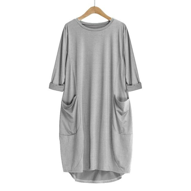 Women's Loose Fitting Dress Round Neck Knee Length with Pockets