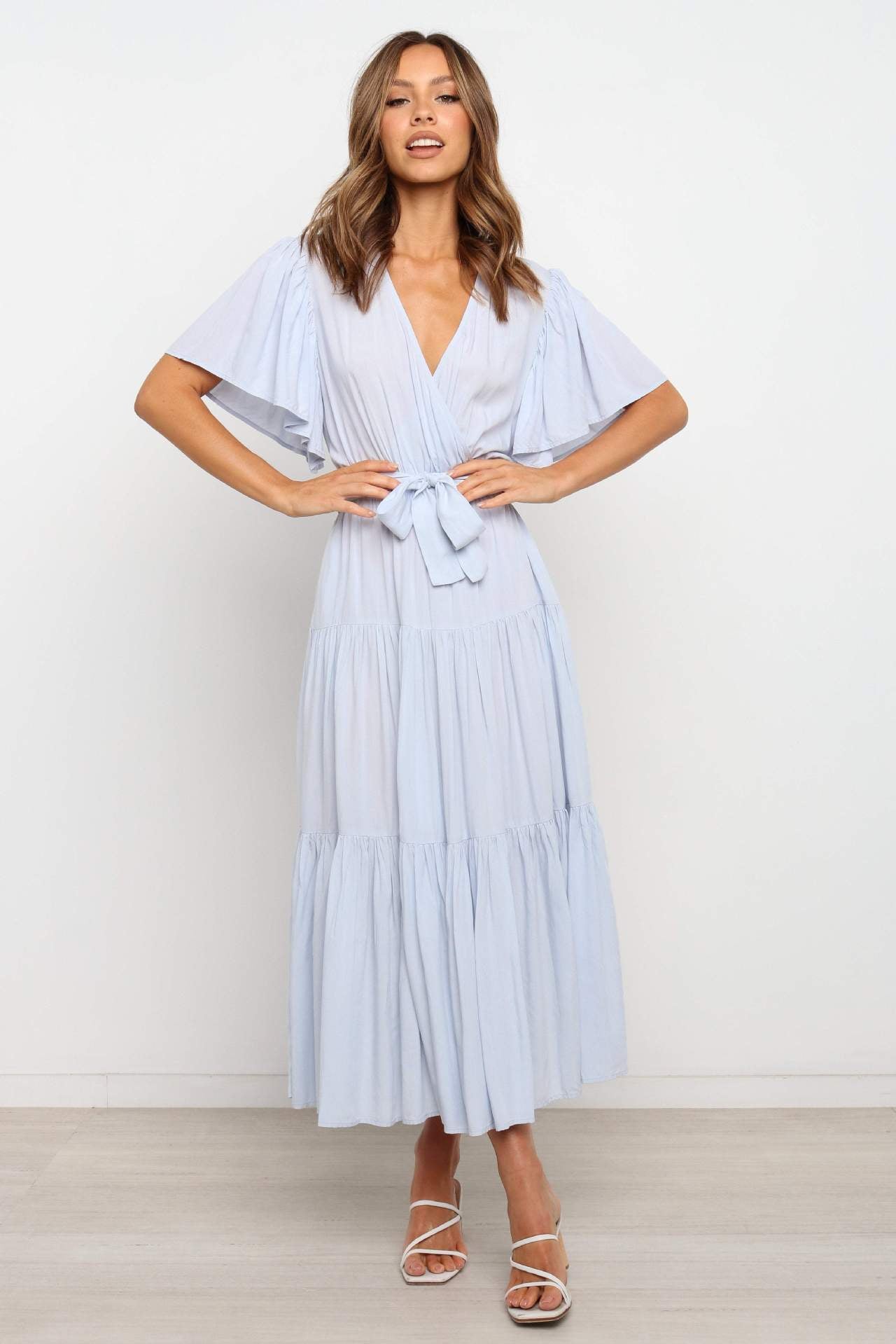 Women's Bohemian Solid Colour V-neck Tie Belt Waist Batwing Short Sleeve Dress