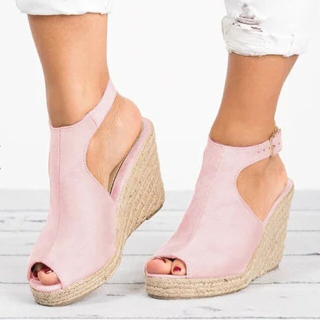 Women's Faux Suede Peep Toe Cork Wedge Ankle Strap Sandals