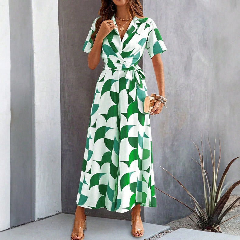 Women's Abstract Print Jumpsuit Short Sleeve Wide Leg Fitted Tie Belt Waist Outfit
