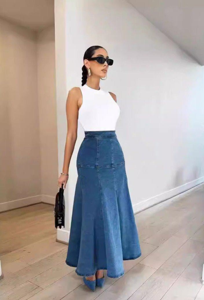 Women's Denim Maxi Flare Swing Skirt Patchwork Fitted Waist