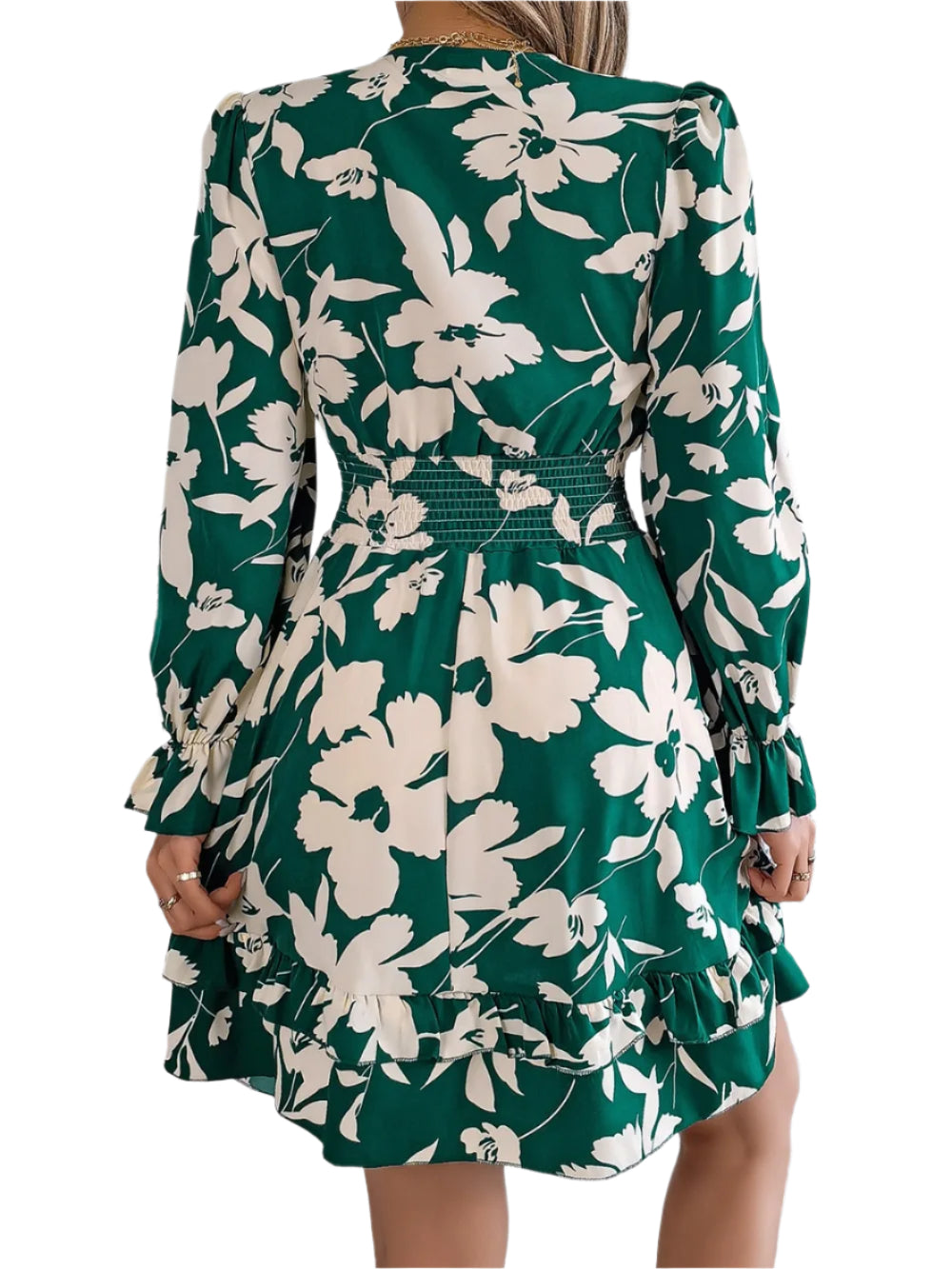 Women's Printed V Neck Tied Ruffled Long Sleeve Dress