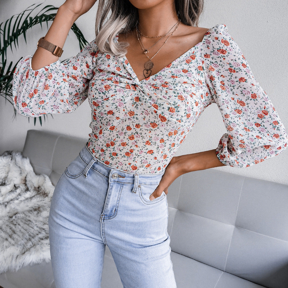 Women's Ditsy Floral V-Neck Knotted Front Long Sleeve Chiffon Top