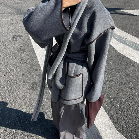Women's Vintage Wool Contrast Trim Oversized Coat Belt Tie Waist Jacket