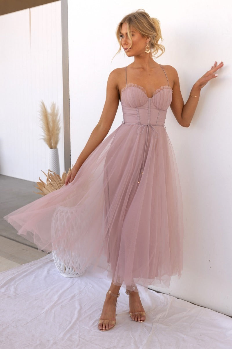 Women's Mesh Corset Style Strappy Sweetheart Front Long Dress