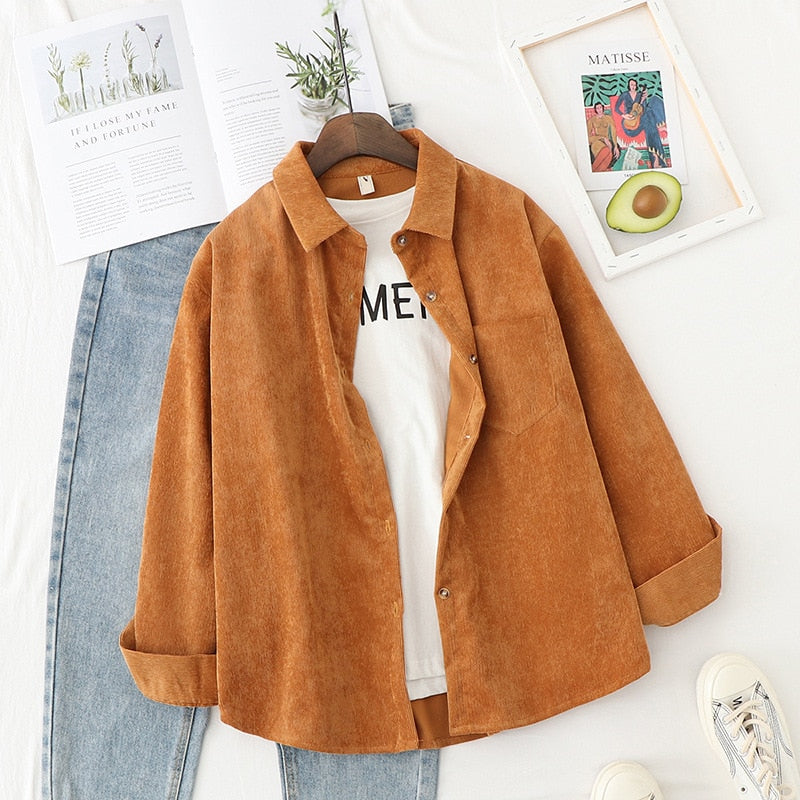 Women's Corduroy Shirt Long Sleeve Button Front Loose Fit Pocket Blouse