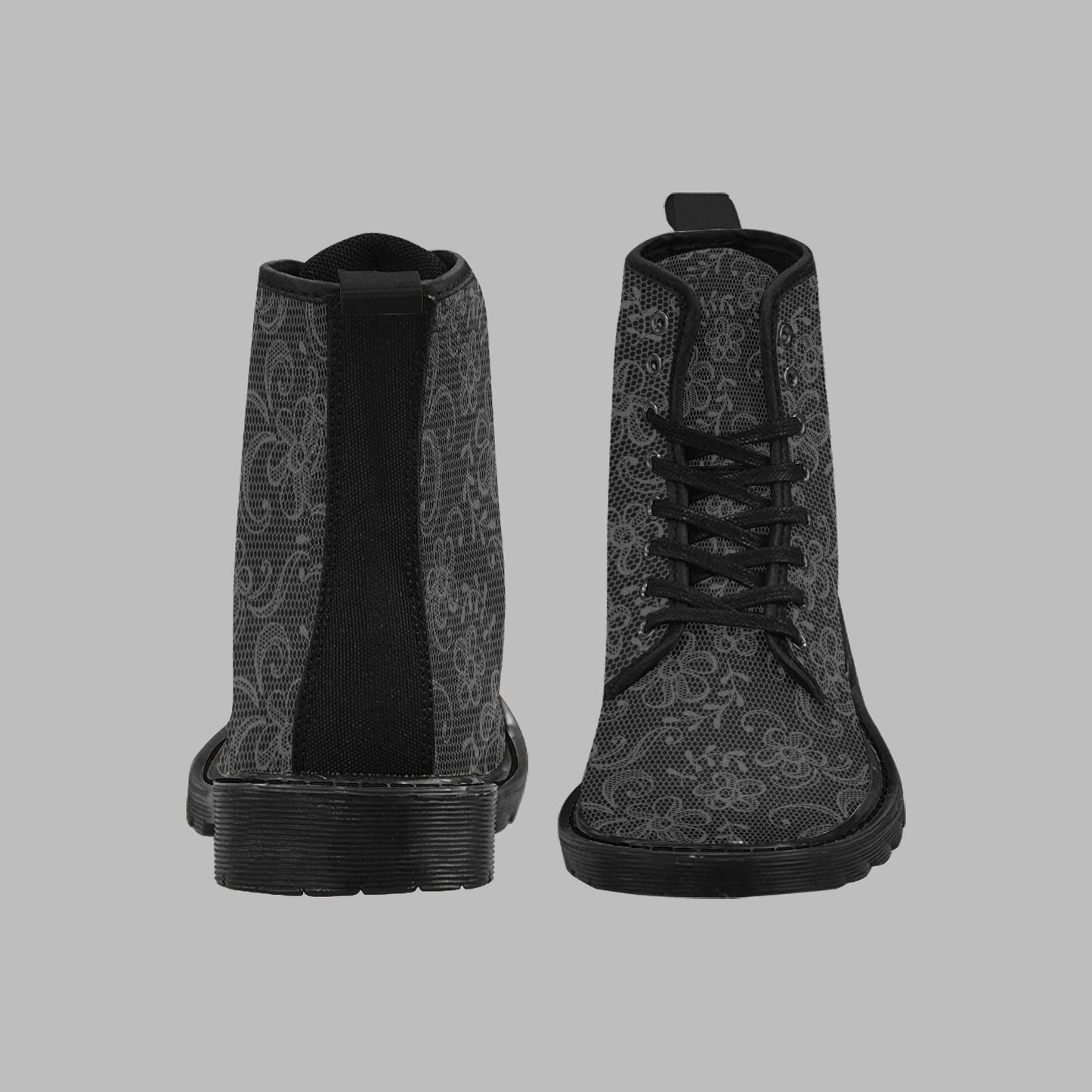 Women's Black Lace Print Lace Up Canvas Doc Style Boots