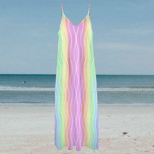 Women's Rainbow Wavy Print Long Length Spaghetti Strap Stretchy Lightweight Dress
