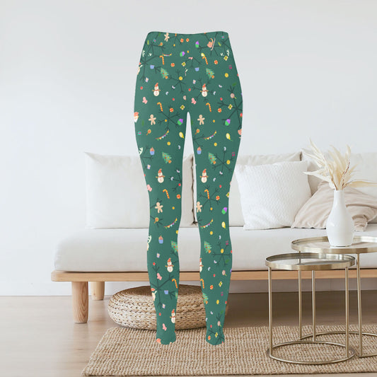 Women's Green Christmas Theme All-over Print Reindeer Snowman Leggings