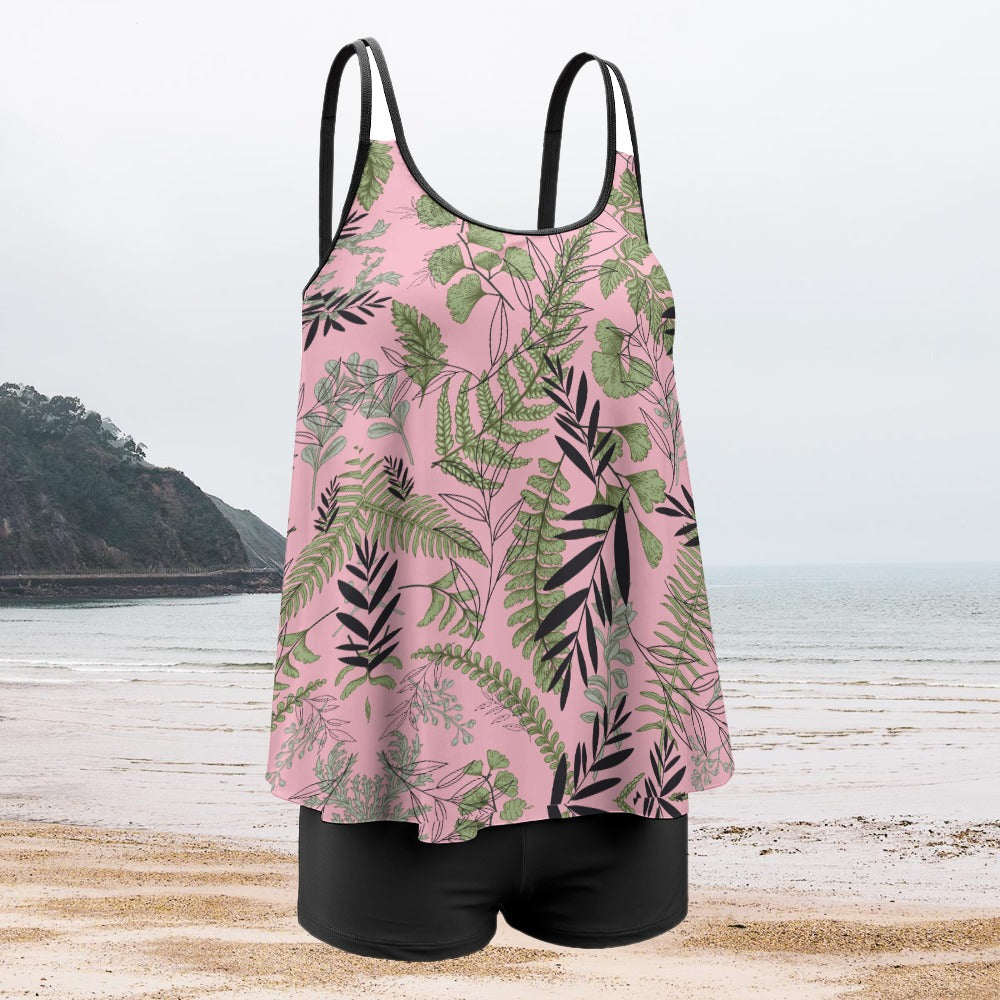 TABOO TIDE Plus Size Women's Fern Leaf Print Long Top And Shorts Two Piece Swimwear