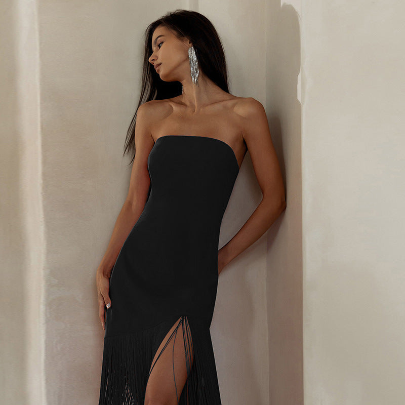 Women's Strapless Bodycon Fitted Dress Fringed Tassel Bottom Edge