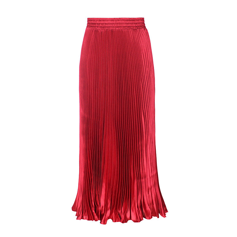 Women's Satin Metallic Pleated Maxi Skirt Long Organ Fan Long Length Elastic Waist