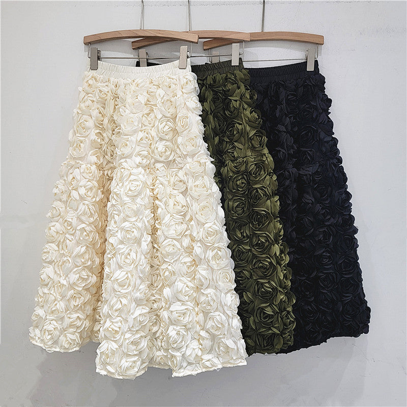 Women's Flower Rose Bud Embossed 3D Flare Midi Skirt