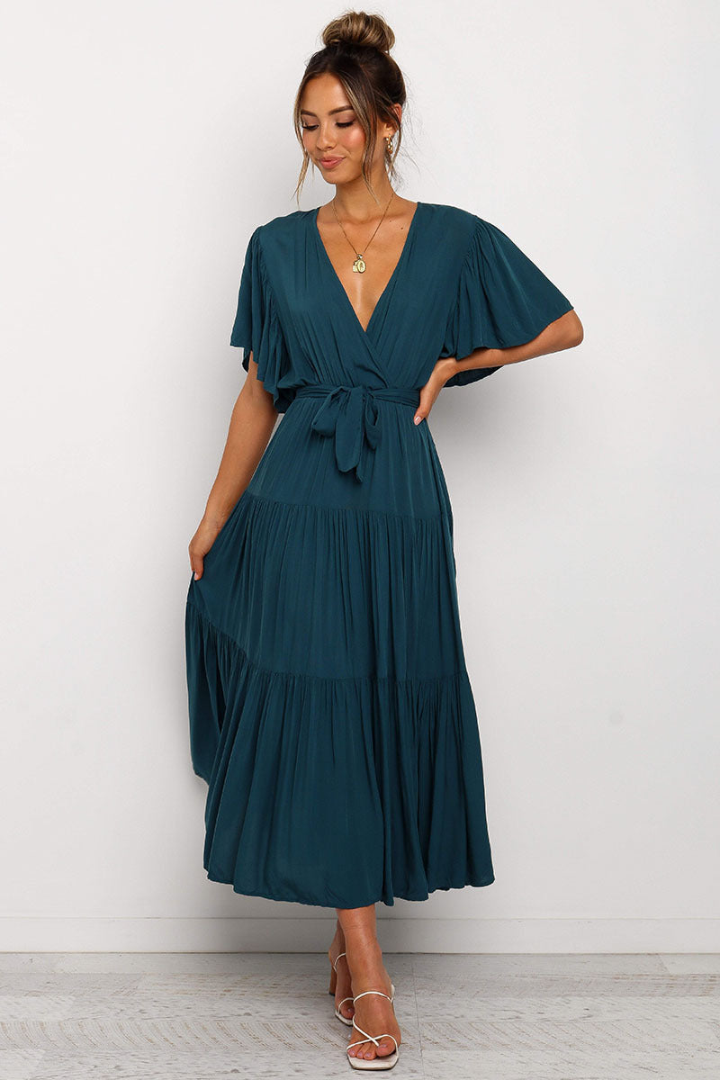 Women's Bohemian Solid Colour V-neck Tie Belt Waist Batwing Short Sleeve Dress